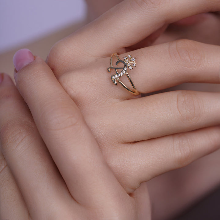 10K/14K Yellow Gold Crown Initial Ring with Cubic Zirconia Stones