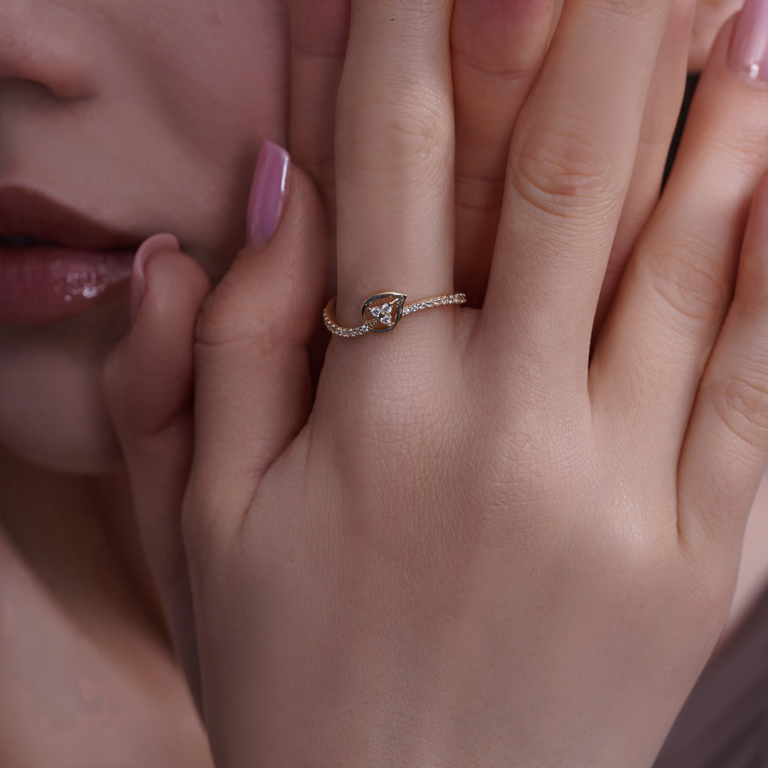 10K/14K Yellow Gold Solid Open Heart Ring with Pavé CZ Band