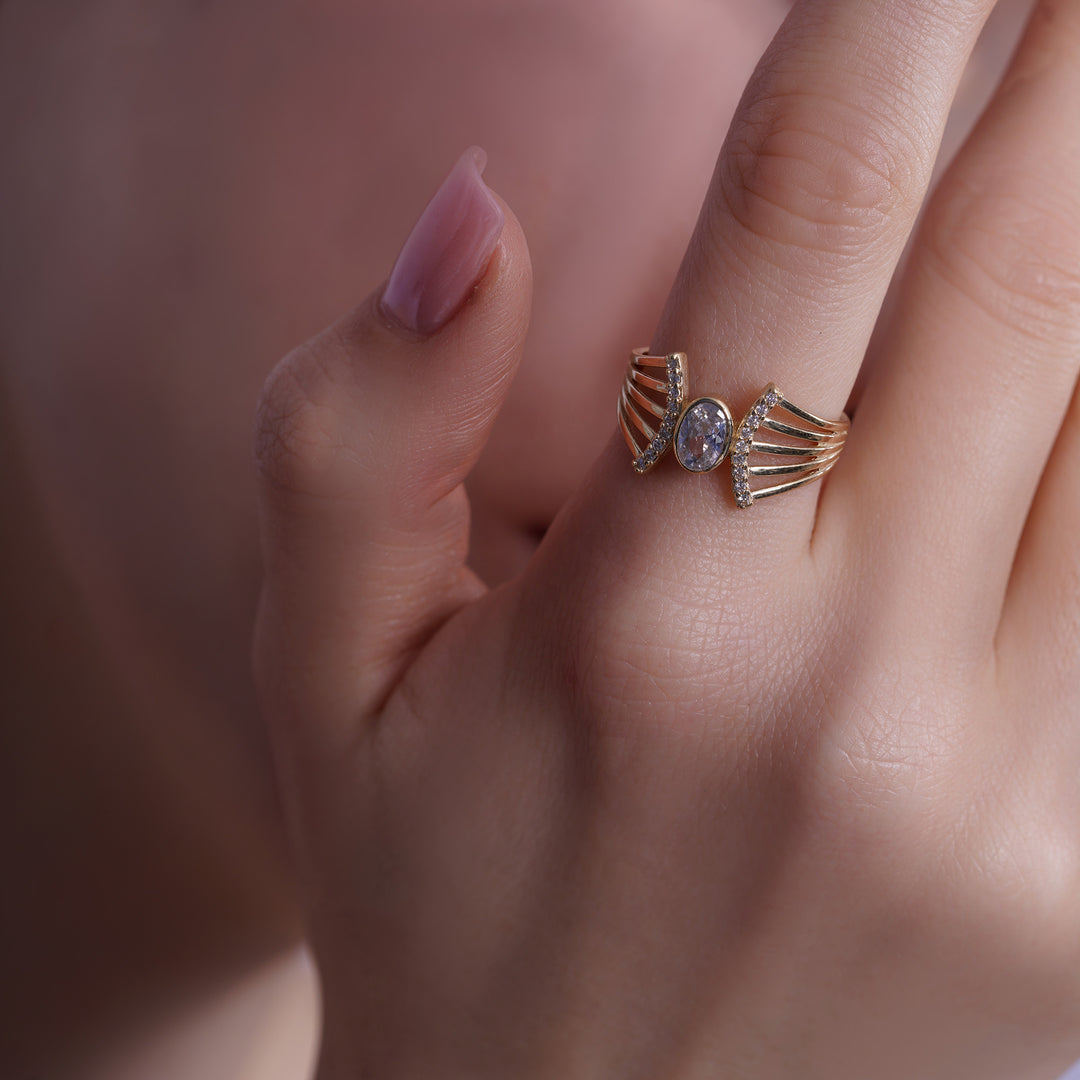 10K/14K Yellow Gold Oval Cubic Zirconia Stone Split Ring