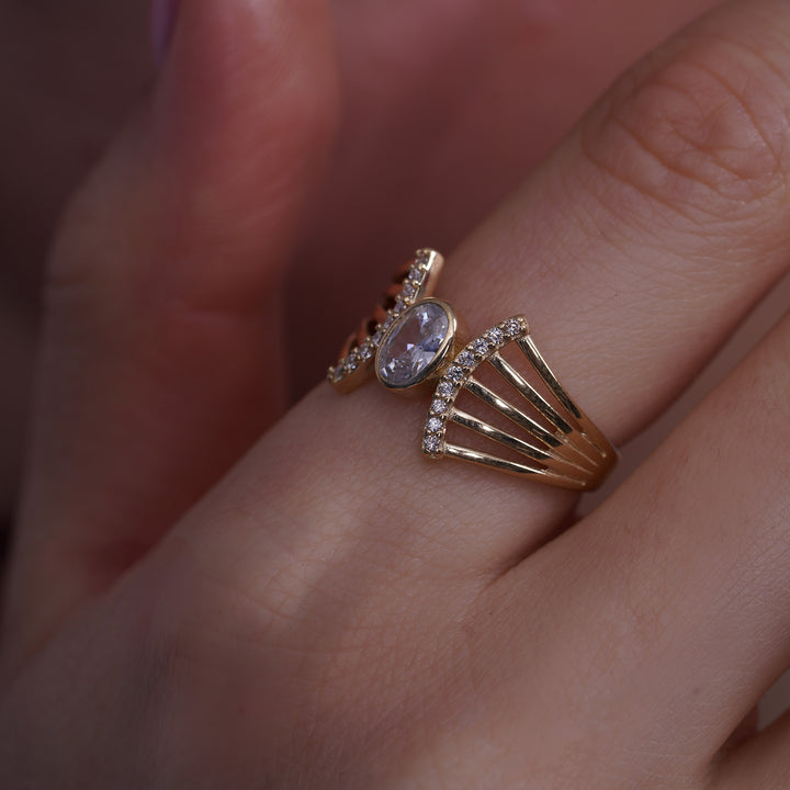 10K/14K Yellow Gold Oval Cubic Zirconia Stone Split Ring