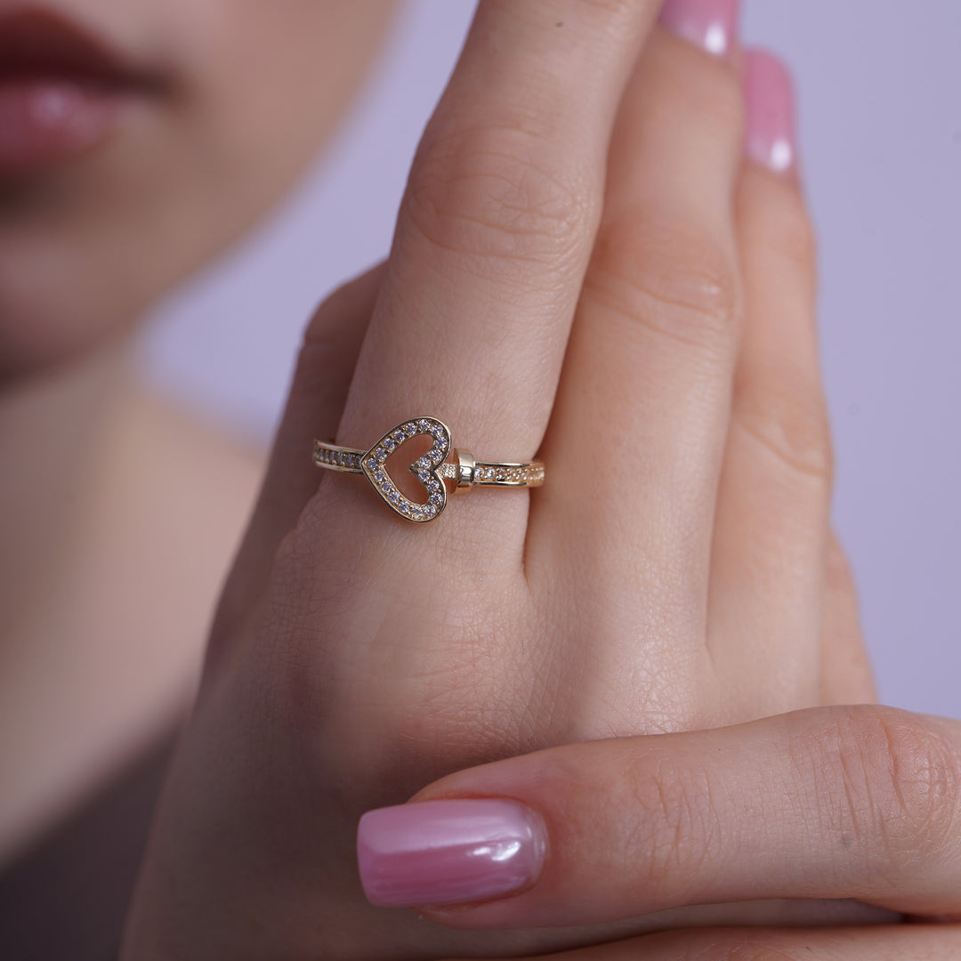10K/14K Yellow Gold Open Heart Ring With Cubic Zirconia Stones