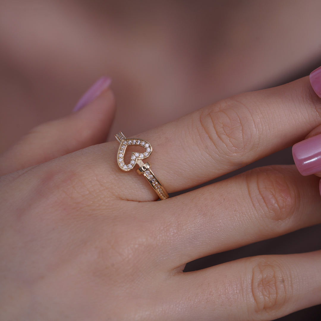 10K/14K Yellow Gold Open Heart Ring With Cubic Zirconia Stones