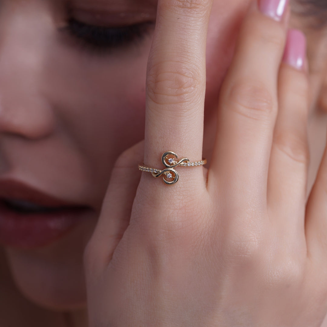 10K/14K Yellow Gold Swirl Ring with Center Cubic Zirconia Stones