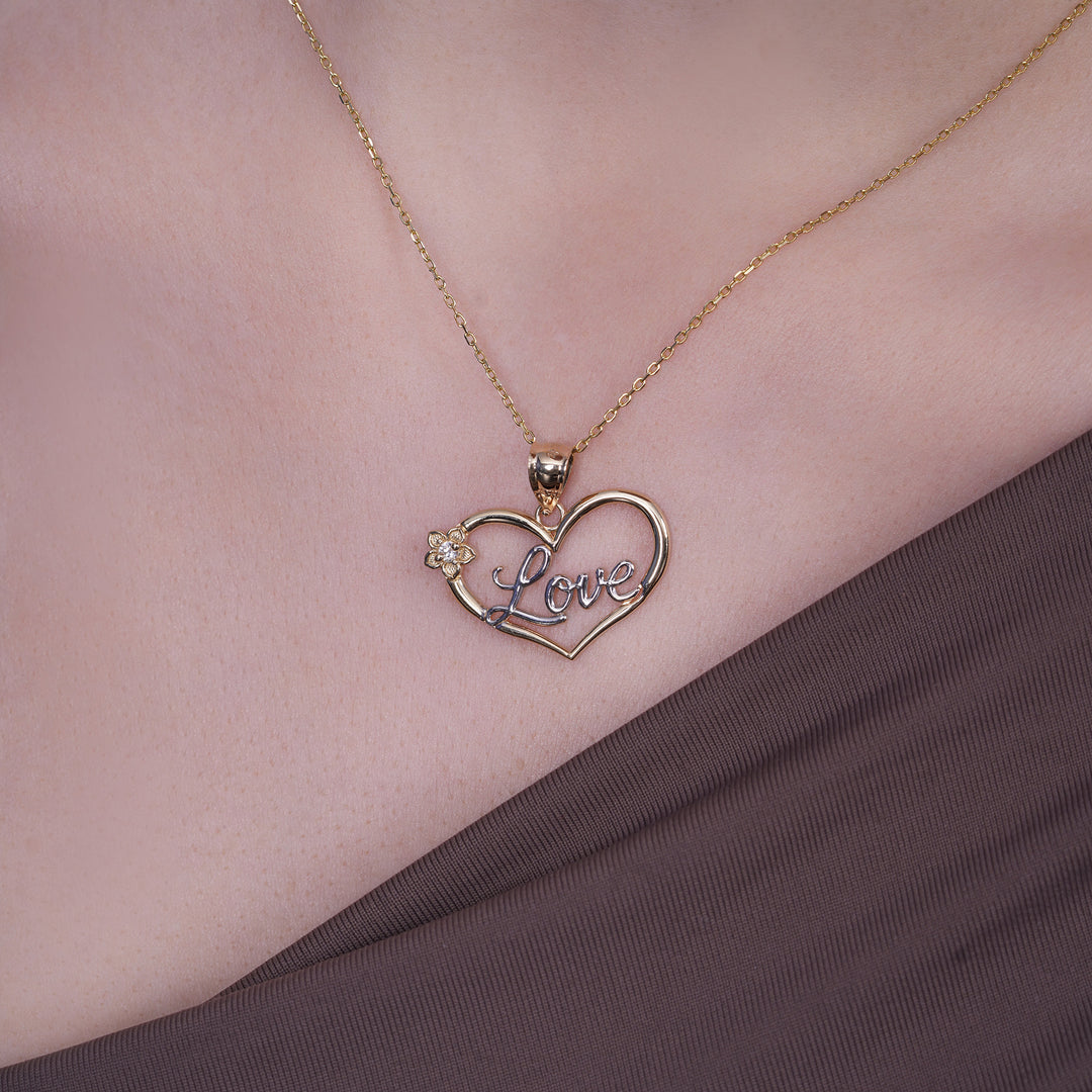 10K/14K Yellow Gold Love Flower Pendant With Cubic Zirconia Stone Two-Tone