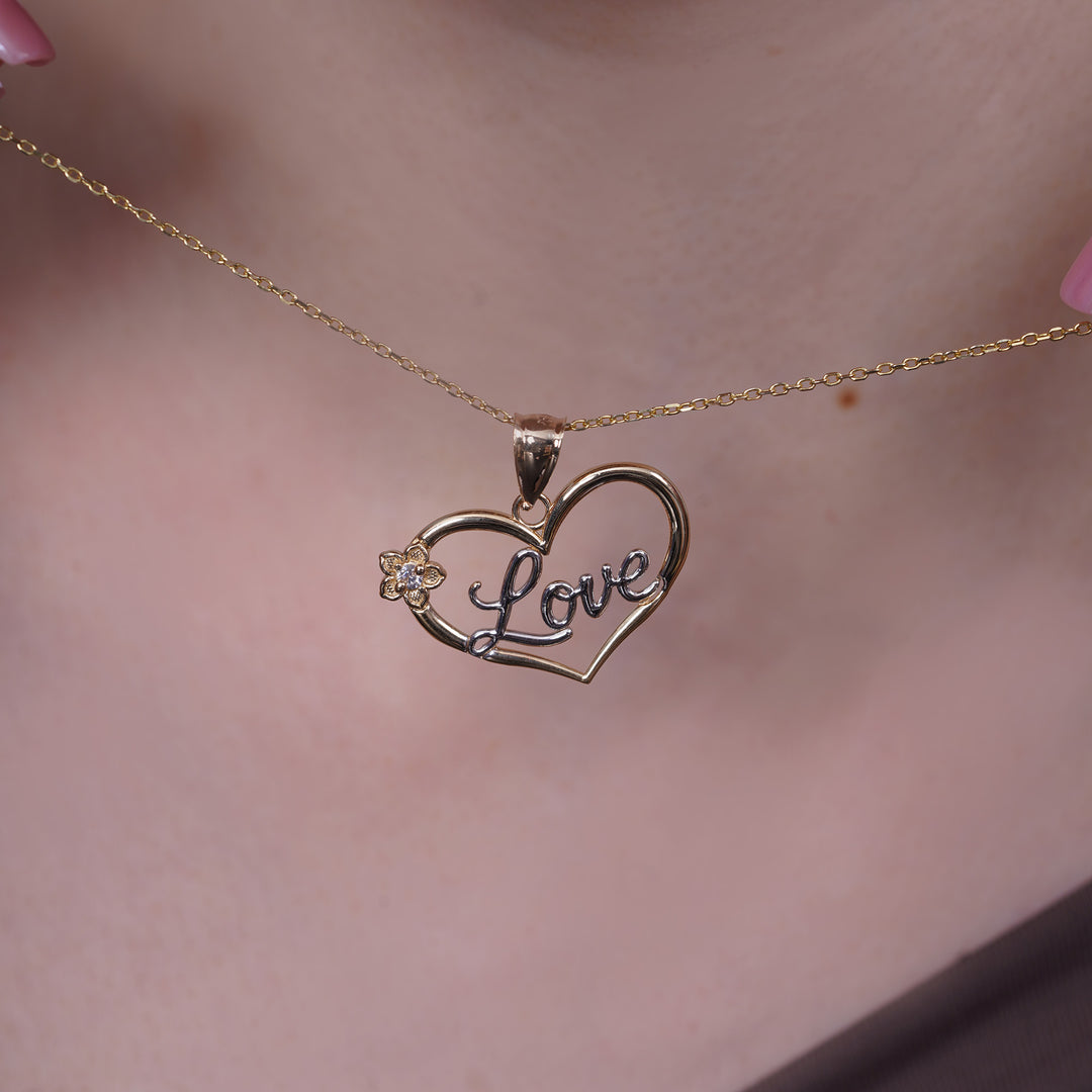 10K/14K Yellow Gold Love Flower Pendant With Cubic Zirconia Stone Two-Tone