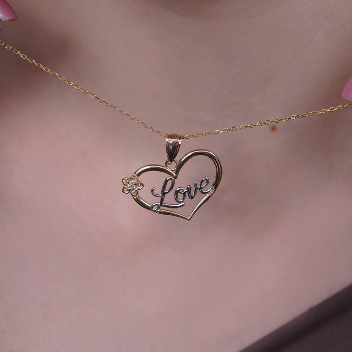 10K/14K Yellow Gold Love Flower Pendant With Cubic Zirconia Stone Two-Tone