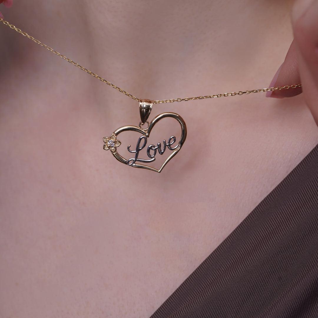 10K/14K Yellow Gold Love Flower Pendant With Cubic Zirconia Stone Two-Tone