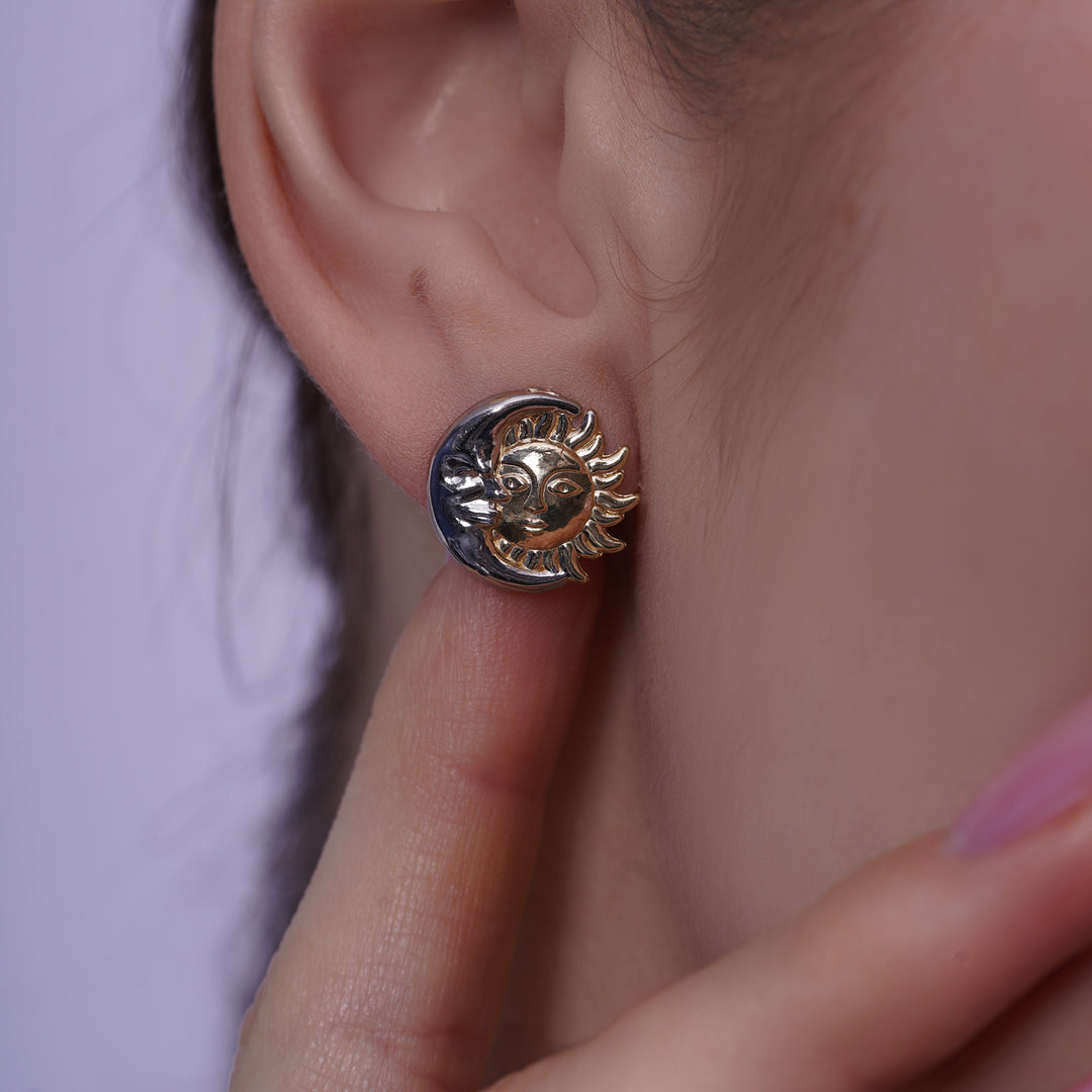 10K/14K Solid Gold Sun &amp; Moon Stud Earrings Two-tone