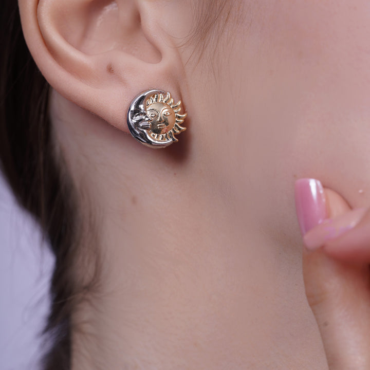 10K/14K Solid Gold Sun &amp; Moon Stud Earrings Two-tone