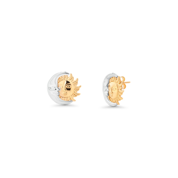 10K/14K Solid Gold Sun &amp; Moon Stud Earrings Two-tone
