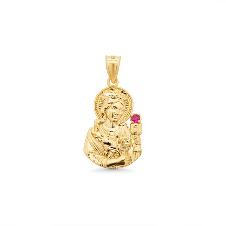 14K Yellow Gold Santa Bárbara Religious Charm with Ruby-Color Stone Pendant