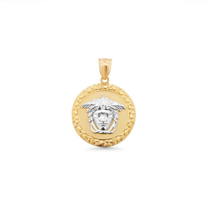 14K Yellow Gold Medusa Medallion with Nugget Style Border Pendant-Two Tone
