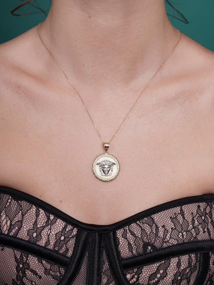 14K Yellow Gold Medusa Medallion with Nugget Style Border Pendant-Two Tone