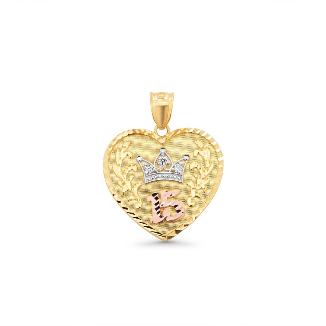 14K Tri Color Gold 15 Heart Shape with Crown With Cubic Zirconia Stones Pendant