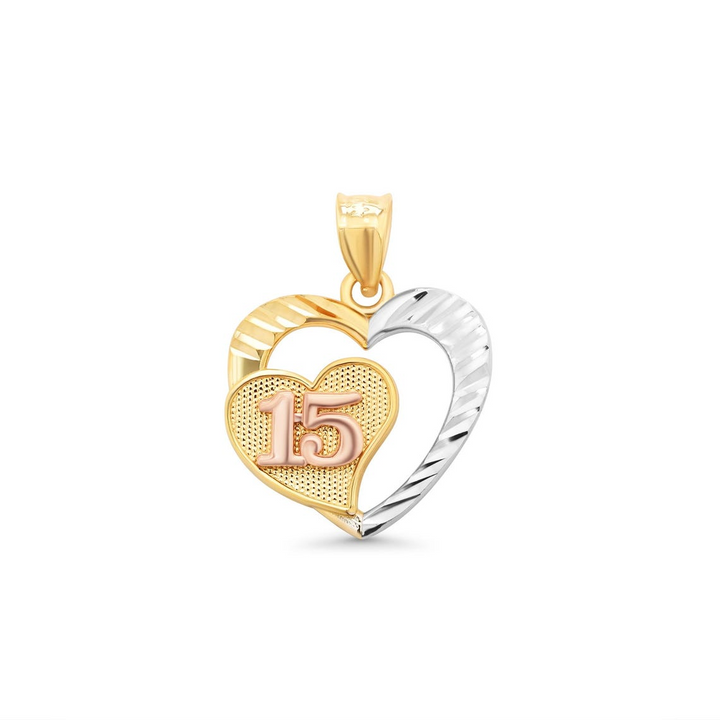 14K Tri Color Gold Sweet 15 Open Heart Pendant