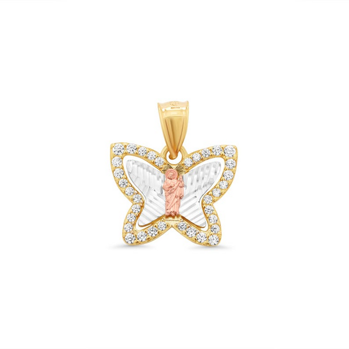 14K Tri Color Gold Butterfly Religious Saint Jude with Cubic Zirconia Stones Pendant