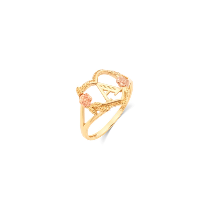 10K/14K Tri Color Gold Heart Floral Initial Ring