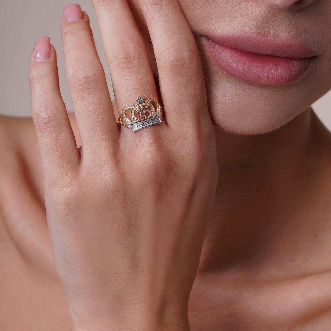 14K Tri Color Gold 15 Crown Ring With Cubic Zirconia Stones