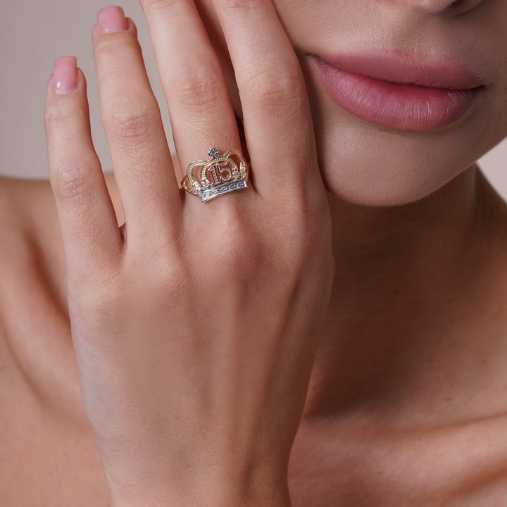 14K Tri Color Gold 15 Crown Ring With Cubic Zirconia Stones
