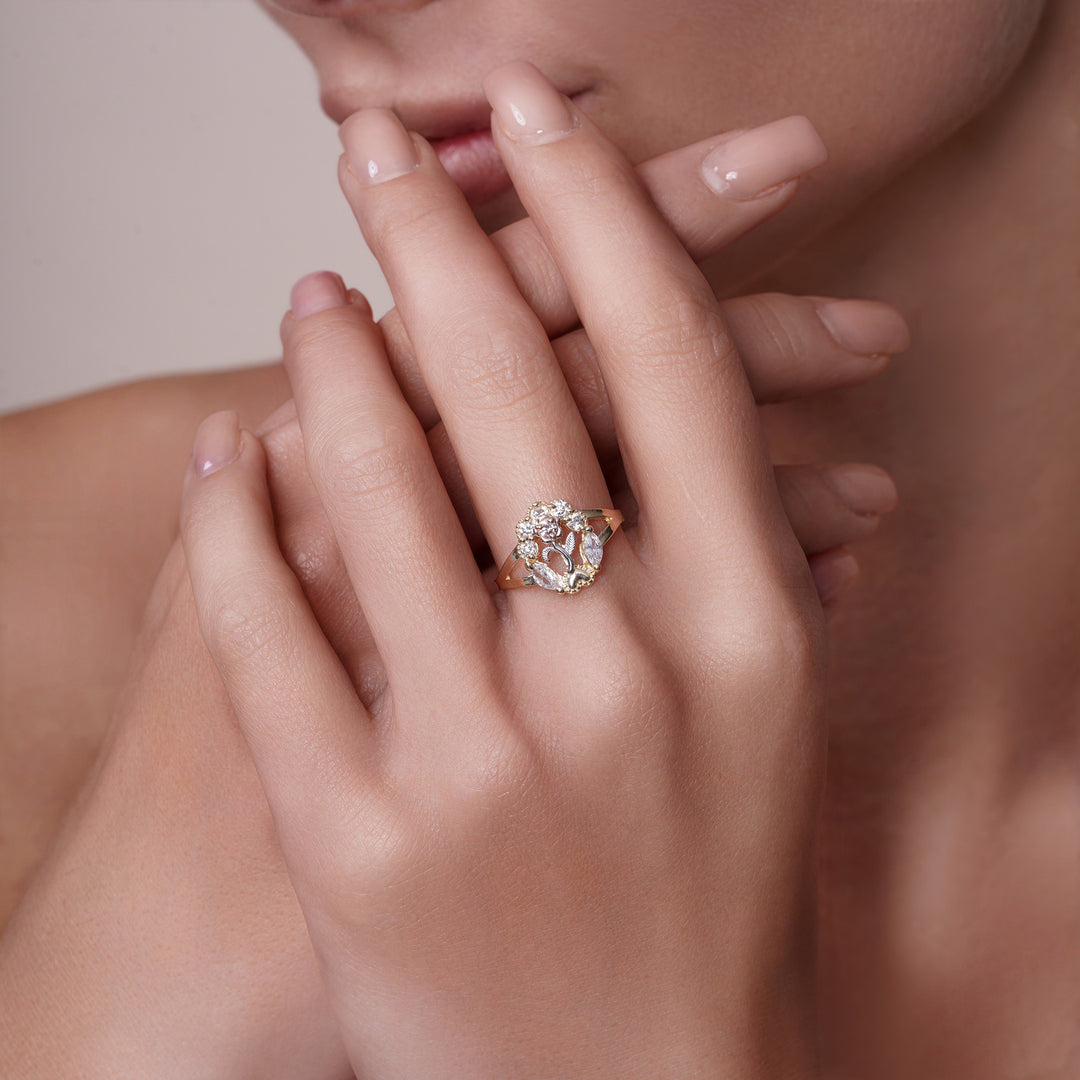 14K Tri Color Guadalupe Floral Ring With Cubic Zirconia Stones